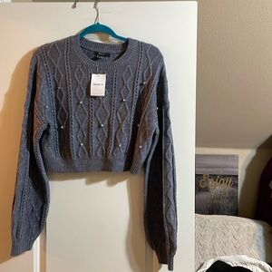 NEW W TAGS CROPPED LG SLEEVE RHINESTONE PEARLS RIBBED SWEATER XL FOREVER21 GRAY